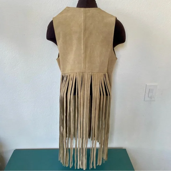 Vintage Suede Leather Long Fringe Vest Taupe Camel Boho Layering Piece NWT - Picture 3 of 16